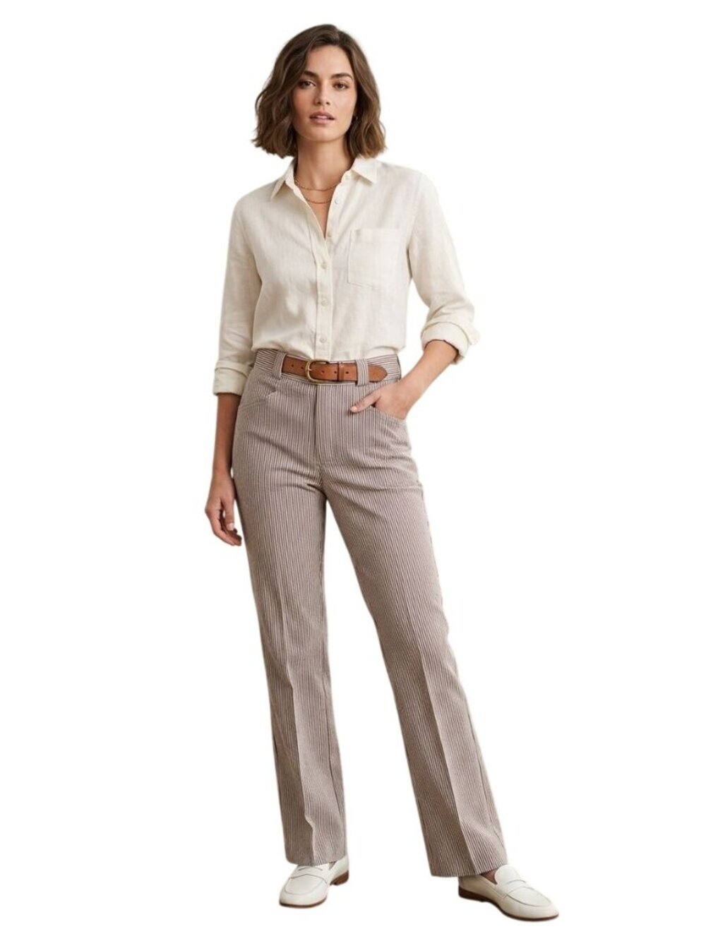 Vintage Brown White Stripe Seersucker Straight Leg Pants Trousers Pockets Size 8
